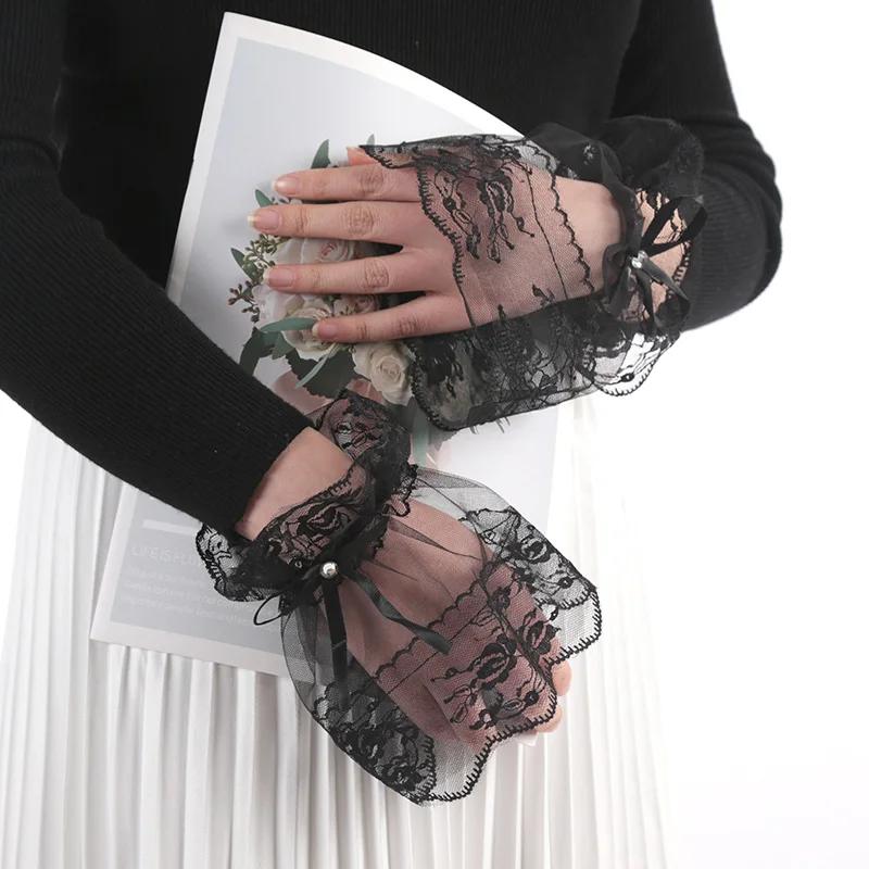 Women Gothic Lace Mesh Stretch Horn Cuffs Gloves Ruffled Detachable Fake Sleeves Wedding Party Sunshade Decorative Wrist Warmer