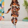 Women Plus Size Round Neck Long Sleeve Bee Pumpkin Printed Top And Fitted Pants Two Piece Set