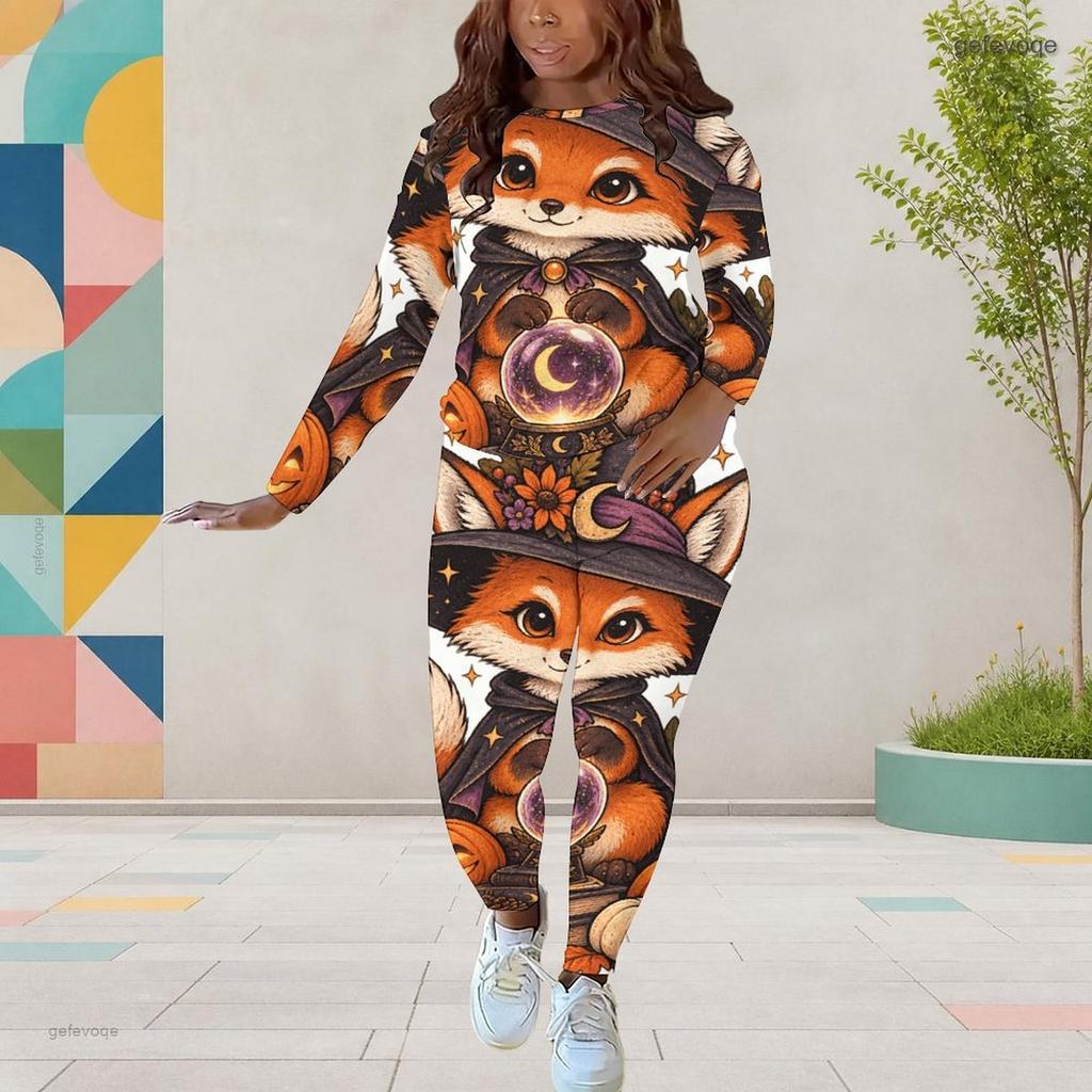 Women Plus Size Round Neck Long Sleeve Bee Pumpkin Printed Top And Fitted Pants Two Piece Set