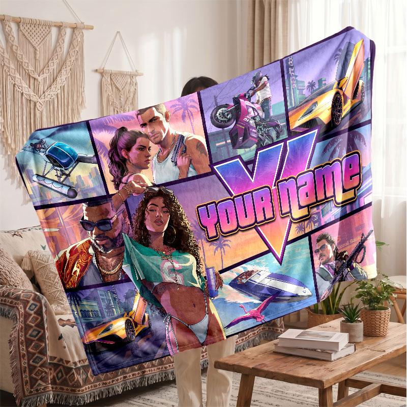 GTA Personalized Flannel Blanket, Custom Printed Text Name, Warm Soft Blanket For Couch Bed