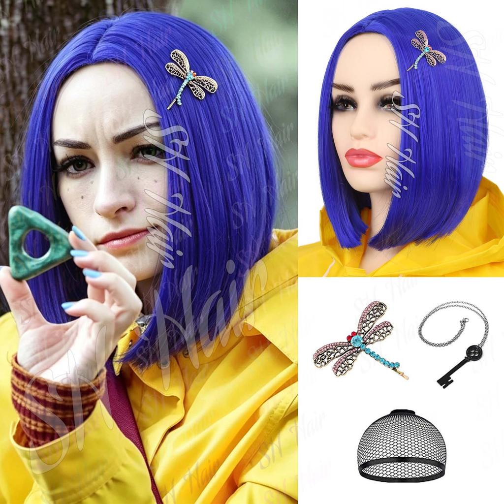 Synthetic Dark Blue Bob Wig Short Straight Wig for Women, Anime Coraline Cosplay Wigs for Halloween Cosplay Party Daily Wear