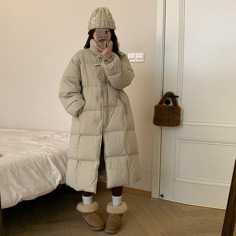 Korean horn buckle long down jacket women's 2024 winter temperament over the knee thickened white duck down jacket tide