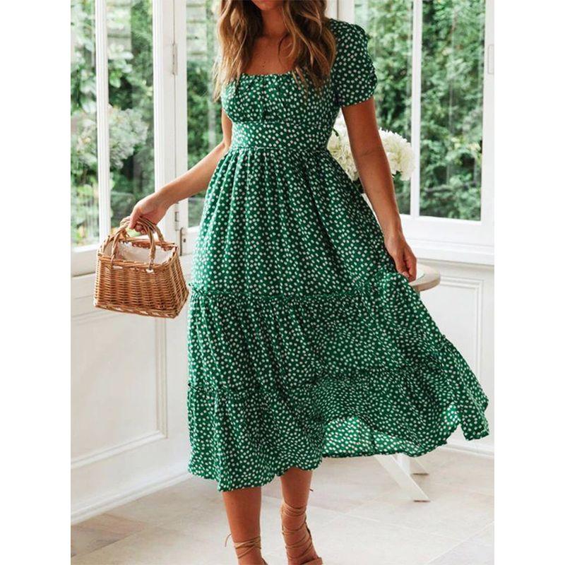 

Square Neck Bubble Sleeve Floral Dress Square Collar Puff Sleeve Floral Dress Green S(S)