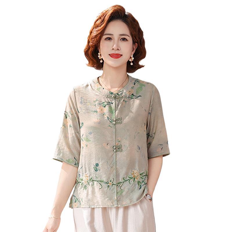 2026 New Style High-End Chiffon Mid-Sleeve Summer Top for Moms: Elegant Thin Design for Middle-Aged and Elderly Women