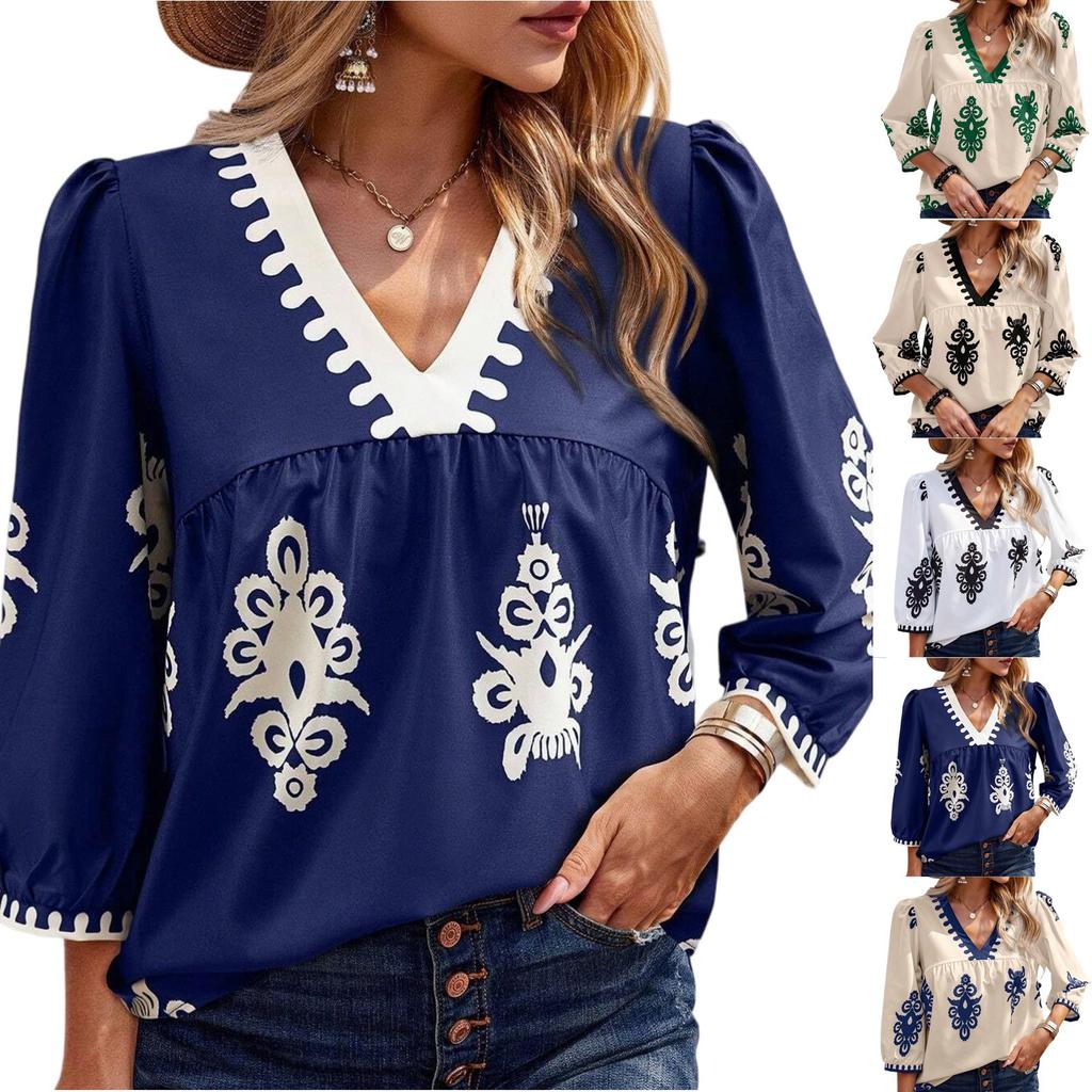 Women's Casual Loose And Fashionable V-Neck Printed Top, Fashionable Top Fashionable Top