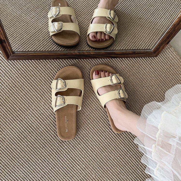 Soft Leather Version~ French Evening Breeze Bag Head Slippers Women's Summer Wear Retro Roman Flat-bottomed Beach Cool Slippers