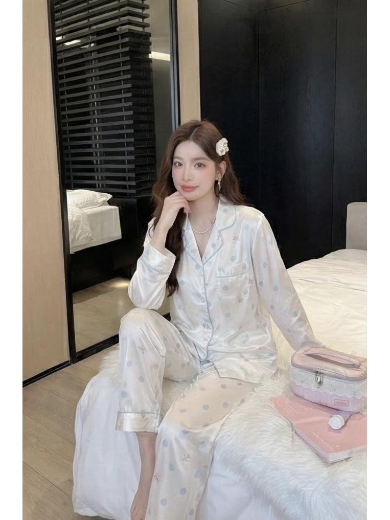 Women s Super Soft Satin Pajama Set: Long Sleeve & Pants, Cartoon Design, Four-Way Stretch, Thin, Loose Fit for Spring/Autumn L