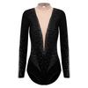 Womens Gymnastics Performance Leotard Sparkle Rhinestones Sheer Mesh Long Sleeve Figure Skating Bodysuit