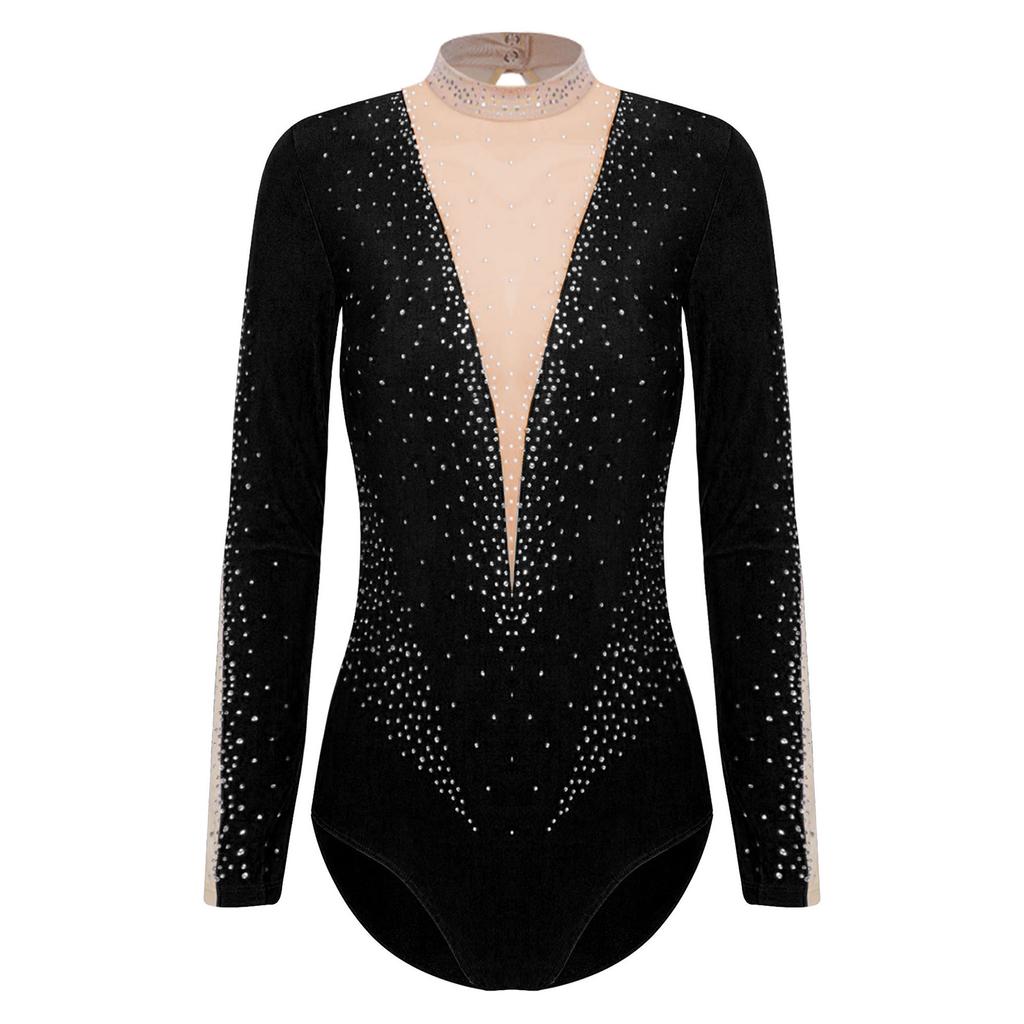 Dame Gymnastikk Ytelsesdrakt Glitrende Rhinestones Gjennomsiktig Mesh Lange Ermer Kunstløp Bodysuit