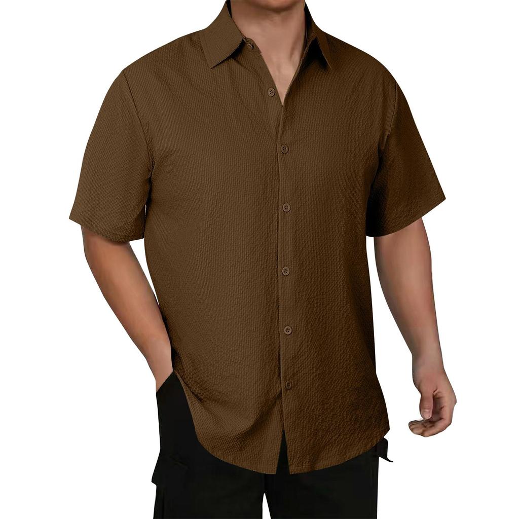 Men's Solid Color Ice Silk Fabric Loose Fit Casual Short Sleeve Shirt with Turn Down Collar Button Front Design