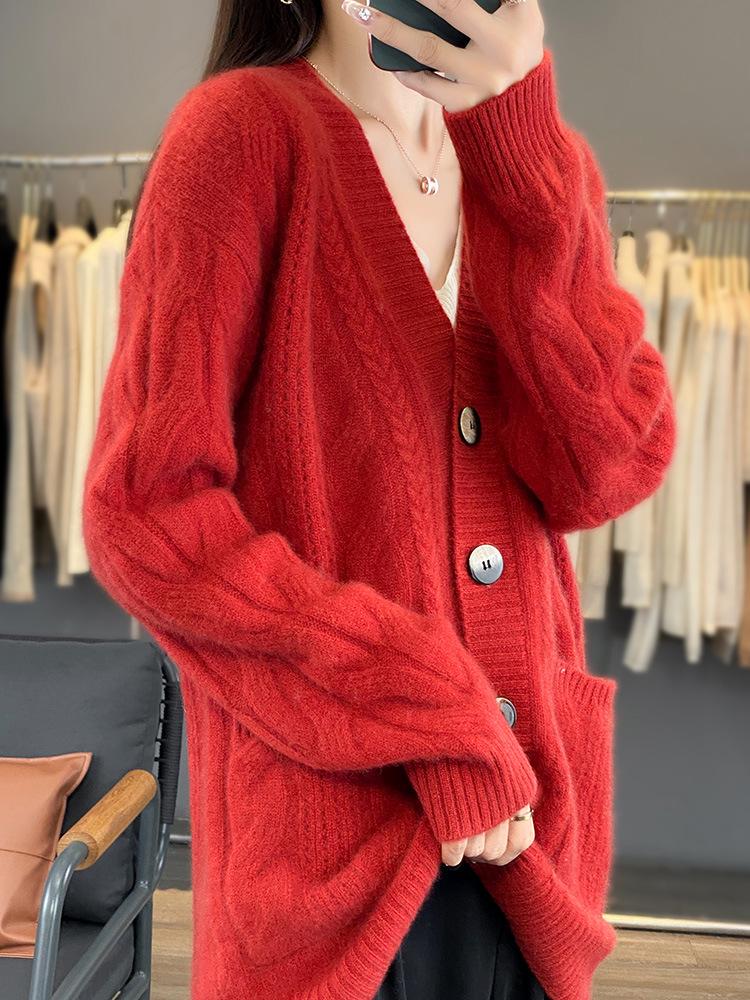 V-neck Pure Wool Loose Knit Cardigan – Long Sleeve Autumn/Winter Sweater
