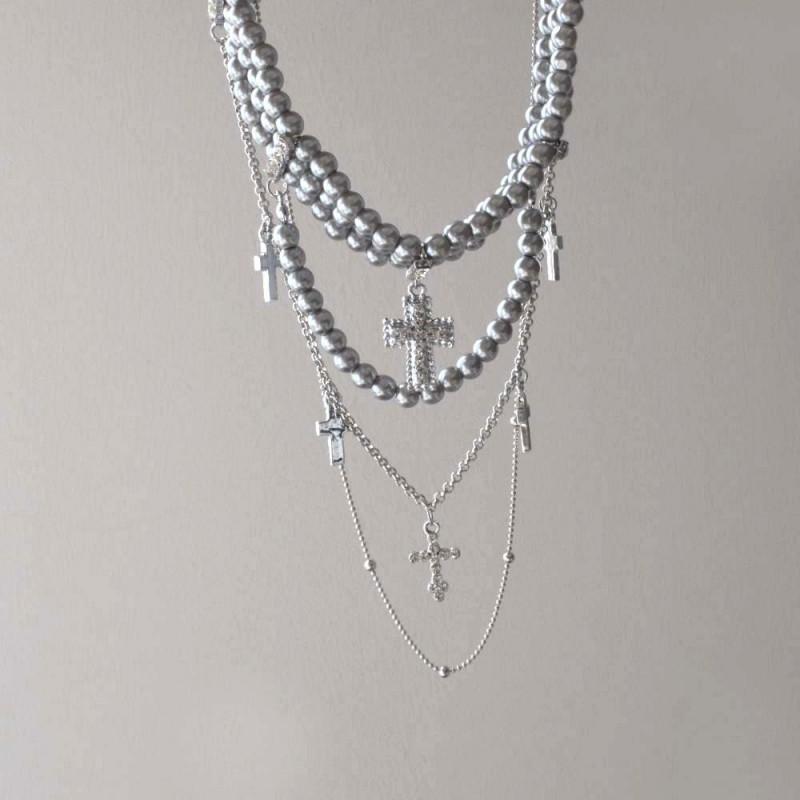 Layered Tassel Cross Pendant Pearl Necklace Women Alloy Choker Chain Geometric Boho Chic Statement Jewelry