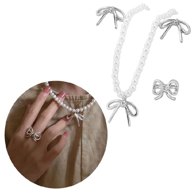 Stylish Bowknot Jewelry Set Personalized Necklace Ear Studs Rings Adornment