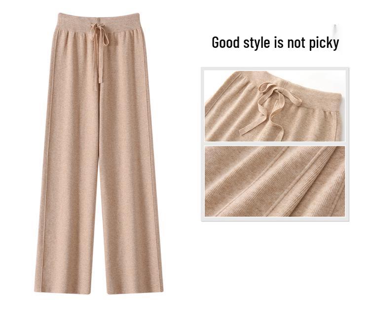 Women's Korean Style High Waist Wide-Leg Knit Pants - Autumn/Winter Fashion, Floor-Length, Straight-Leg Design