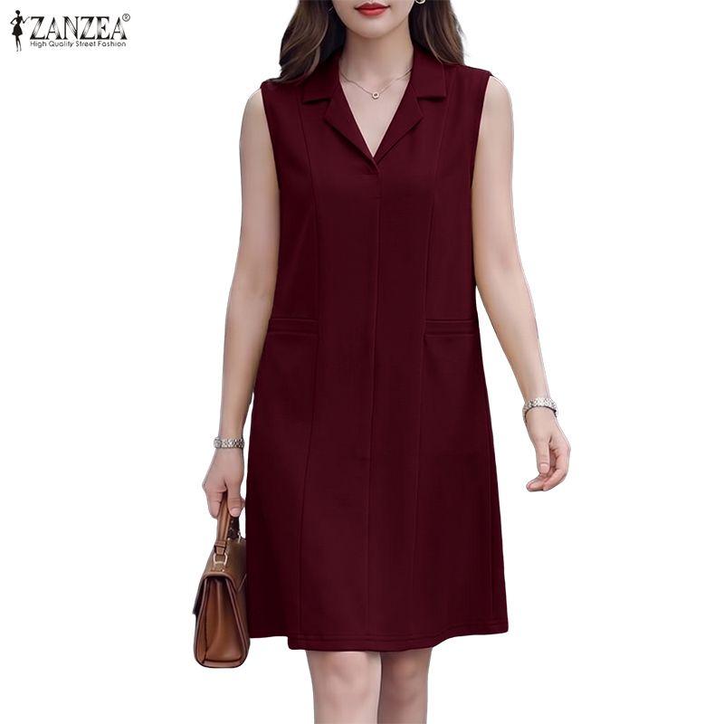 ZANZEA Women Casual Turn Down Collar Solid Color Loose Sleeveless Dress