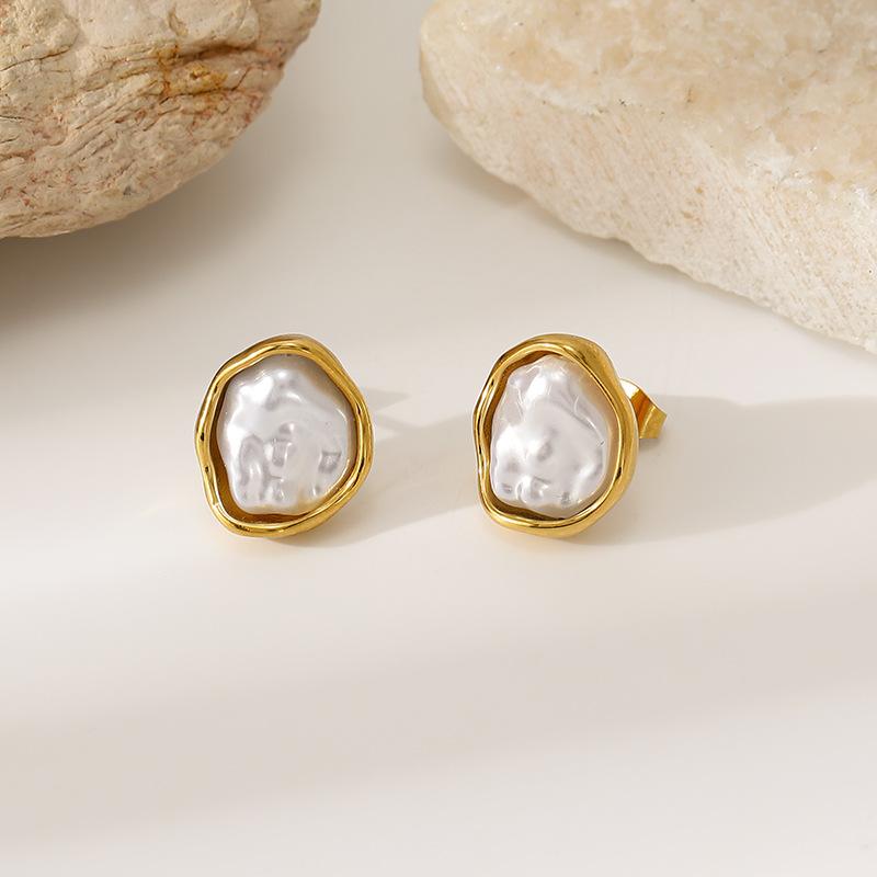 French Light Luxury High-end Pearl Earrings Stainless Steel Irregular Niche Retro Stud Earrings Temperament Ear Jewelry