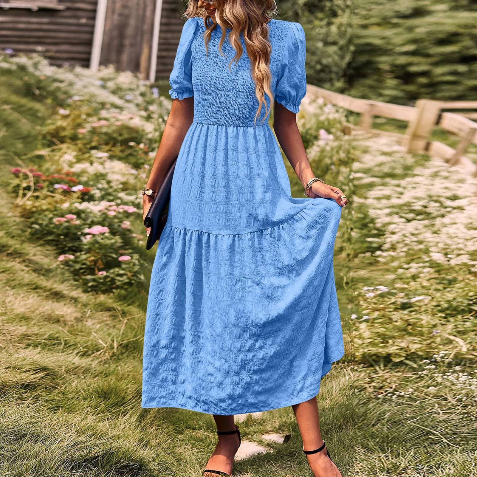 Women s Fashion Summer Round Neck Short Sleeved Casual Vacation Dress L