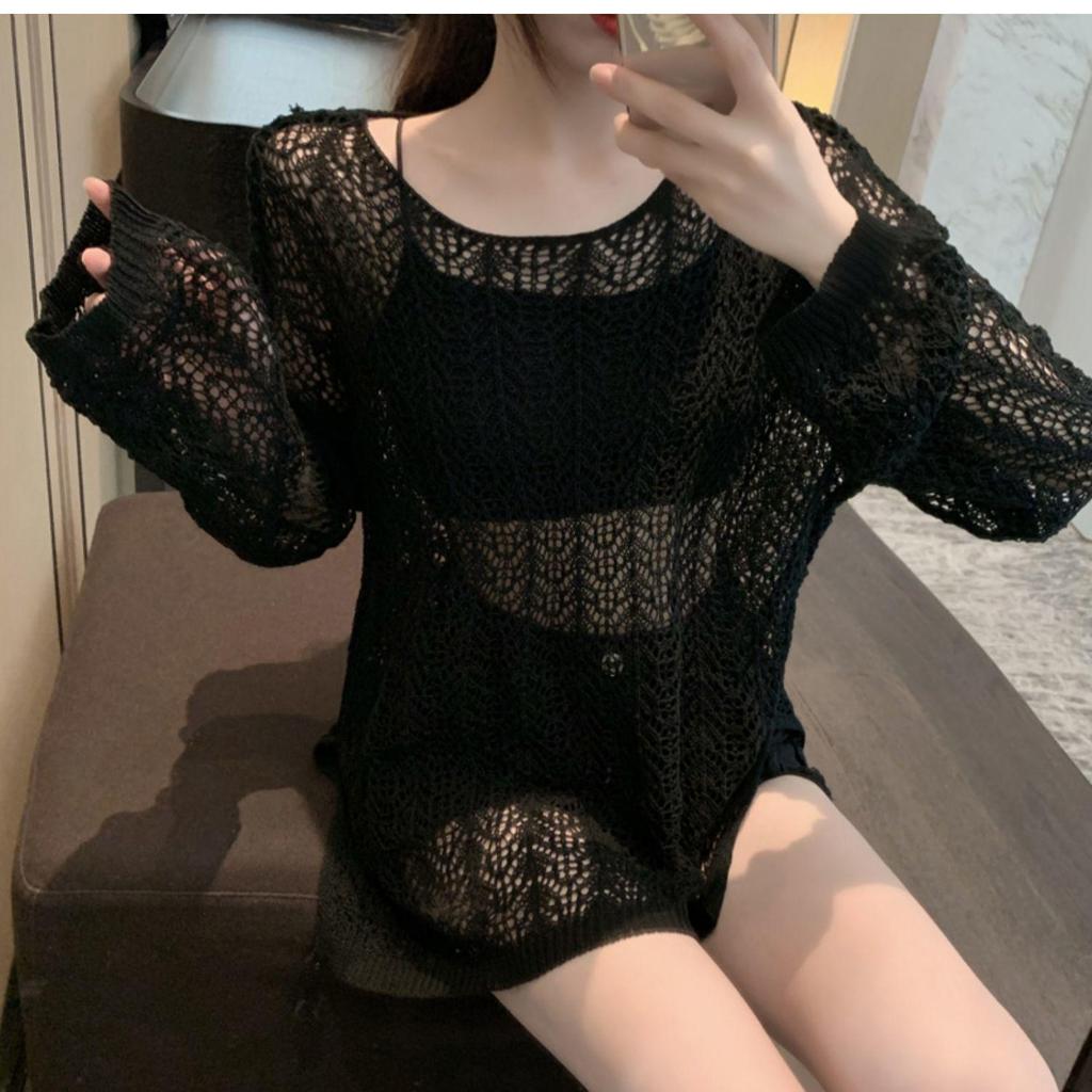 Summer 2026 Black Hollow-Out Long Sleeve Knit Cardigan – Women's Loose Ice Silk Sun Protection Outerwear.
