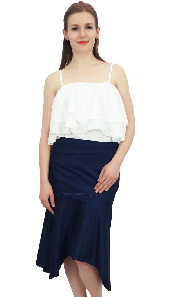 Bimba Women's Navy Blue Asymmetrical Hem Denim Skirt With Side Zip Closure-L