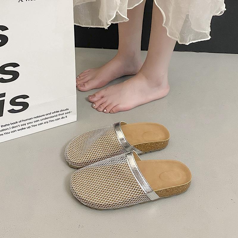 Fishnet woven hollow sandals summer new round head thick sole fisherman shoes bag head half slippers