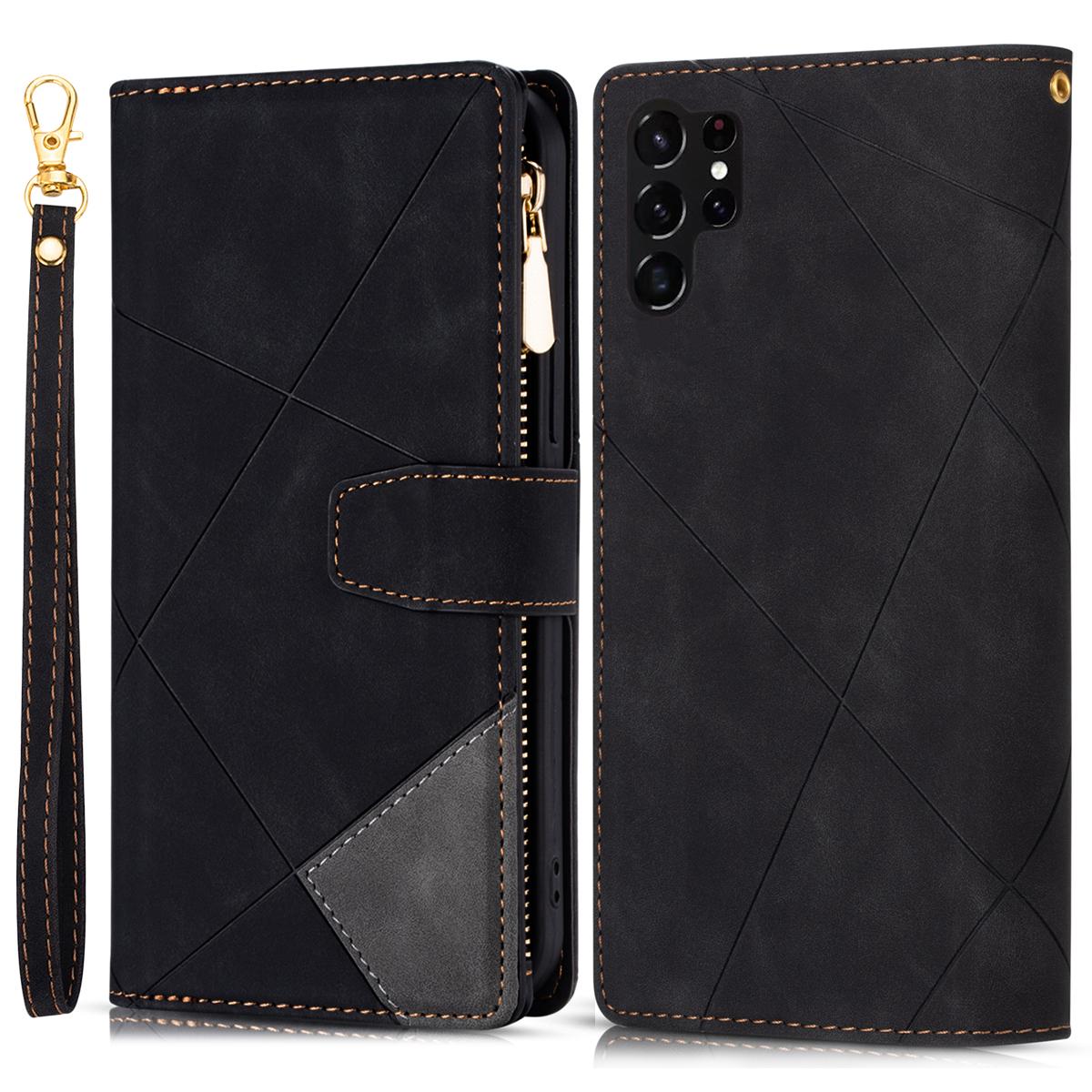 

For Samsung Galaxy S25 Ultra Wallet Case Color Splicing Leather Phone Cover with Stand Black