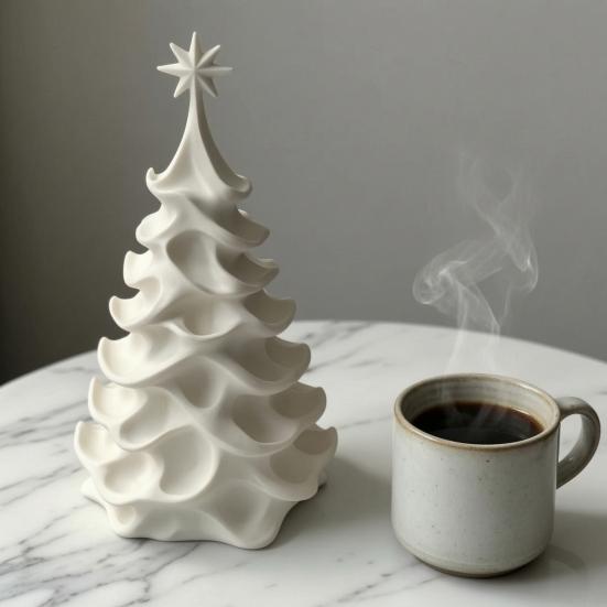 Elegant Living Room Decoration 3D Printed Christmas Tree Figurine with Eight-pointed Star Topper, Modern Minimalist DIY Paintable Art Sculpture