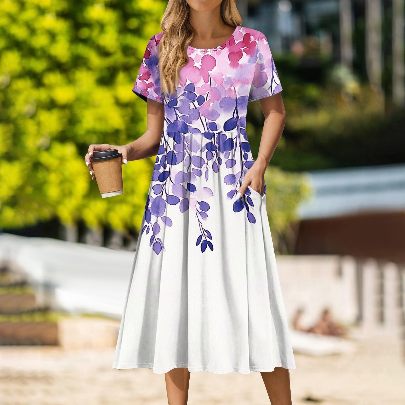 

Женское повседневное платье миди с милым рисунком и круглым вырезом, классическое повседневное свободное платье с коротким рукавом XXXL