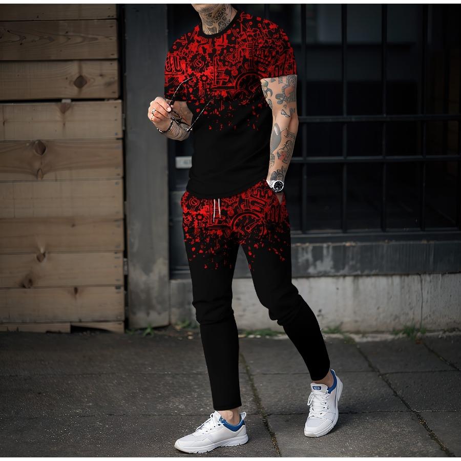 Color Graffiti Blending 3D Print Men Sportswear Set Short-Sleeved T Shirt Pants 2-Piece Set Oversized Pullover Men Clothing