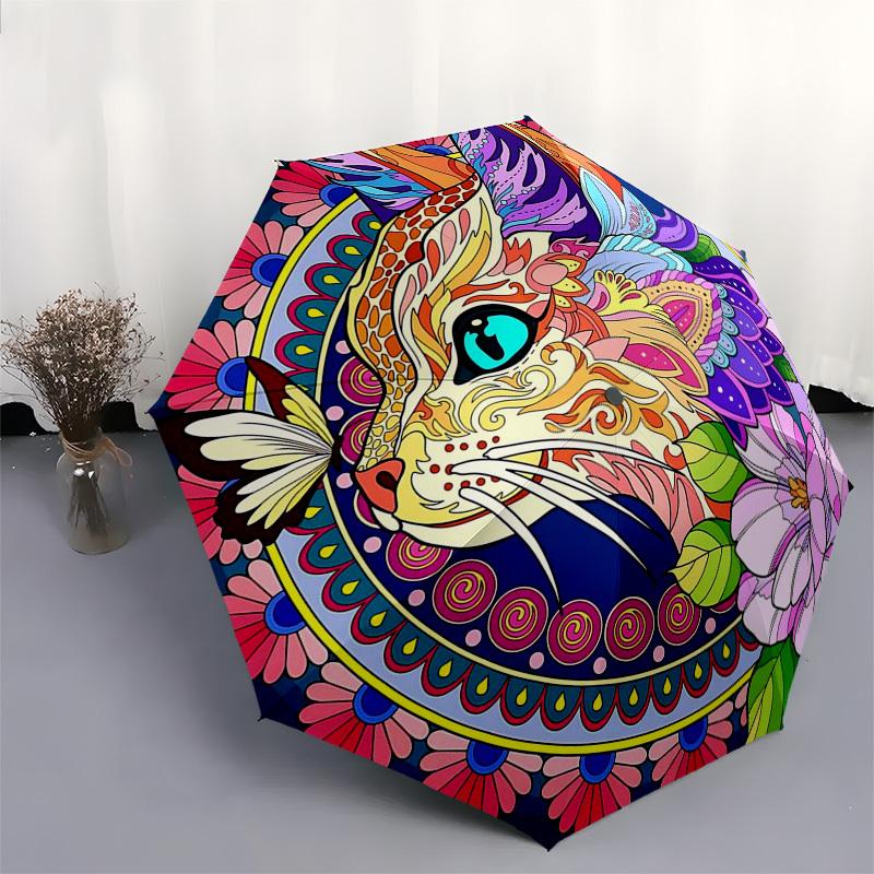 1pc Colorful Cat Mandala Automatic Folding Umbrella - Portable 3-Fold Design with 8-Bone Iron Frame, Perfect for Outdoor Use, Festive Gifts, Travel, D