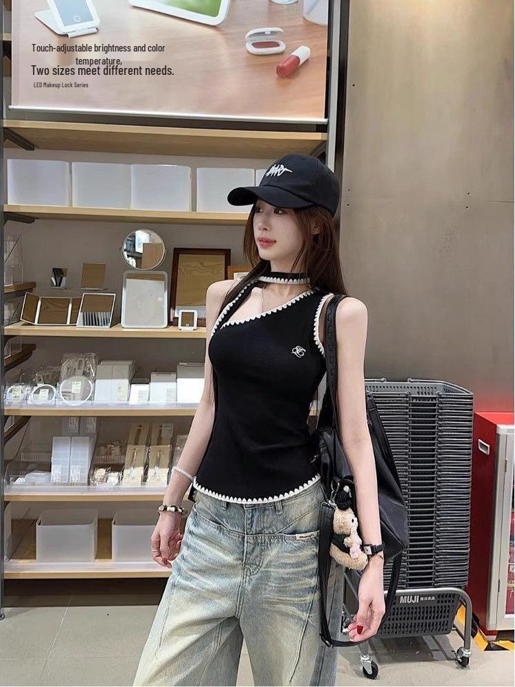Sweet & Spicy Color Block One-Shoulder Camisole: Women's 2026 Summer Slim Fit Embroidered Sleeveless Top.