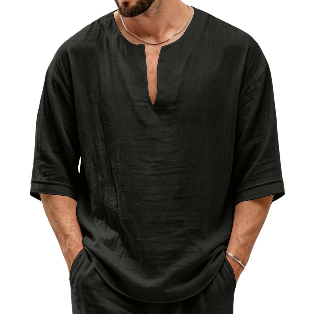 Herren Leinen V-Ausschnitt T-Shirt - Mittellang Lockerer Schnitt Lässiges Sommer Top für den Alltag