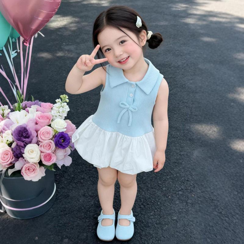 Girls Summer Polo Dress With Bow Tie Puff Skirt Sweet Princess Casual Short Sleeve Cotton Blend Party Wear 90