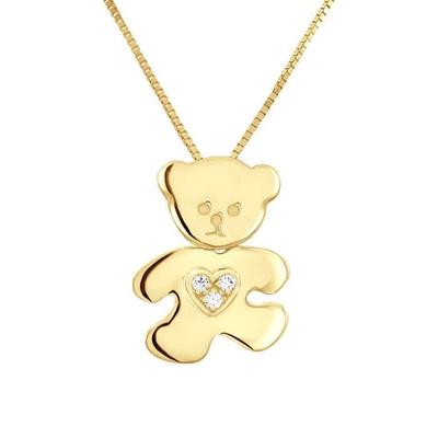 Children's Pendant - LÉA &; ARTHUR - TEDDY BEAR WHITE HEART - 375 Yellow Gold - Zirconium Oxides - Quality Jewelry