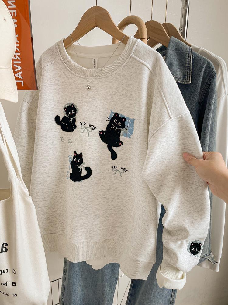 Damen Besticktes Graues Sweatshirt, Herbst/Winter 2025, Locker Geschnitten Übergröße, Petite Oberbekleidung Top