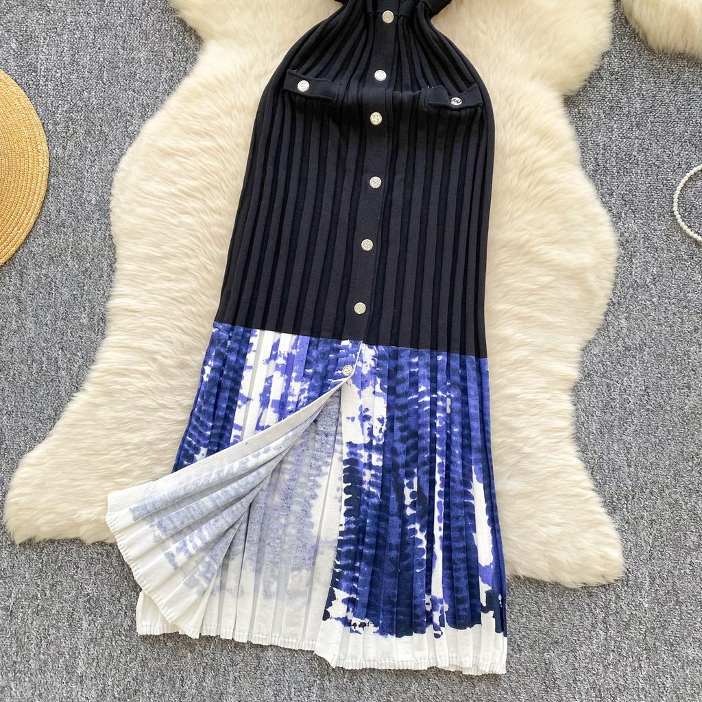 Summer Women Sleeveless Print Designer Runway Dress Single Breasted Knitted Sweater Dresses