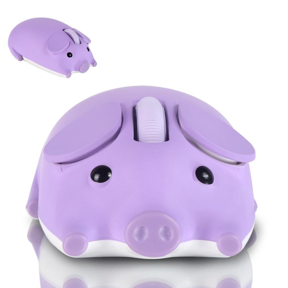 Cute, quiet, 2.4GHz wireless Bluetooth mouse in a piglet design. Connects to two devices simultaneously. Cordless with USB receiver. Compatible with