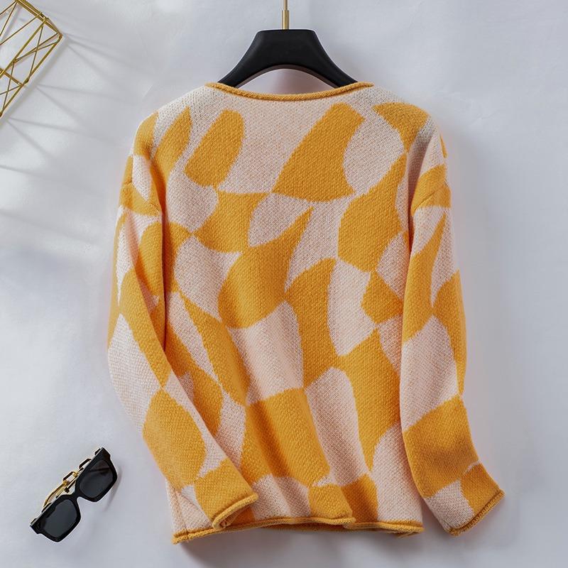 Women S Crew Neck Pullover Knit Sweater Geometric Pattern Basic Wear
