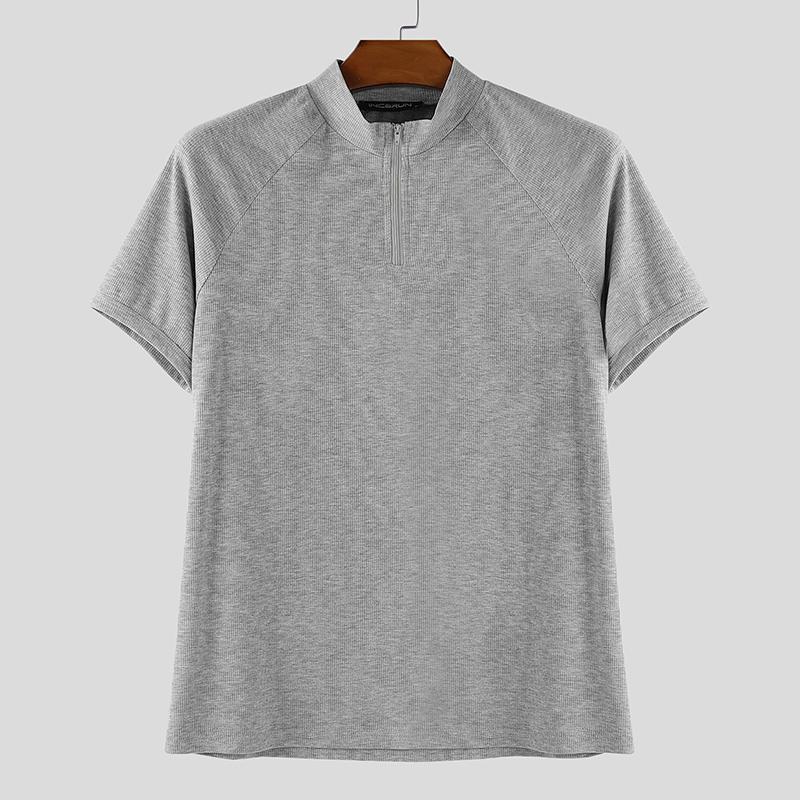 INCERUN Men Zip-up Turtleneck Short Sleeve Rib Fitted T-Shirts Tops