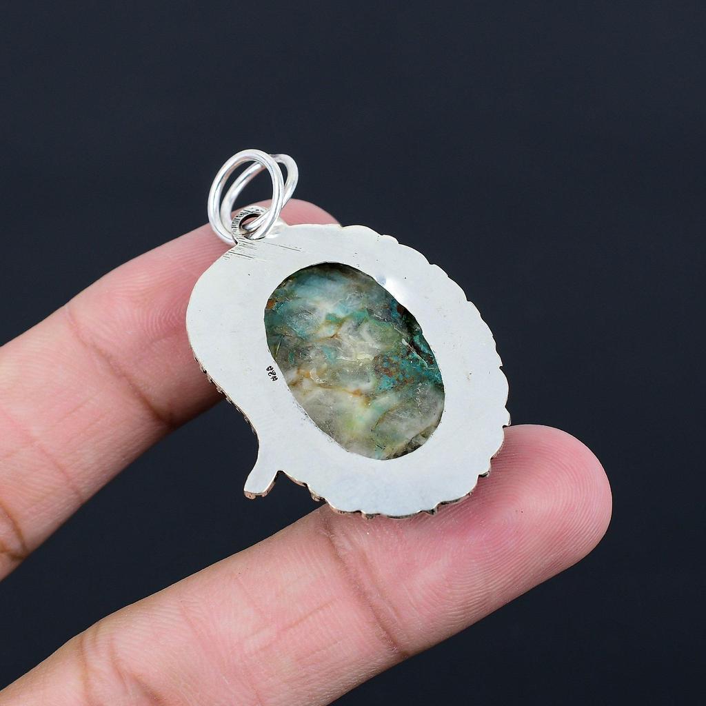 Natürlicher Chrysokoll Edelstein Anhänger Blau 925 Sterling Silber Indischer Schmuck