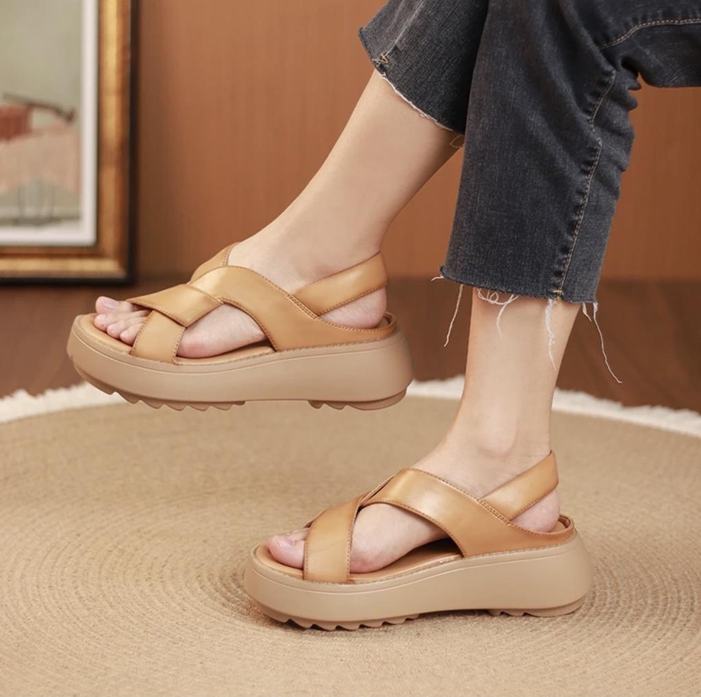 Été nouveau poisson bouche sandales femmes plateforme chaussures mère confortables plates rétro décontractées croisées romaines