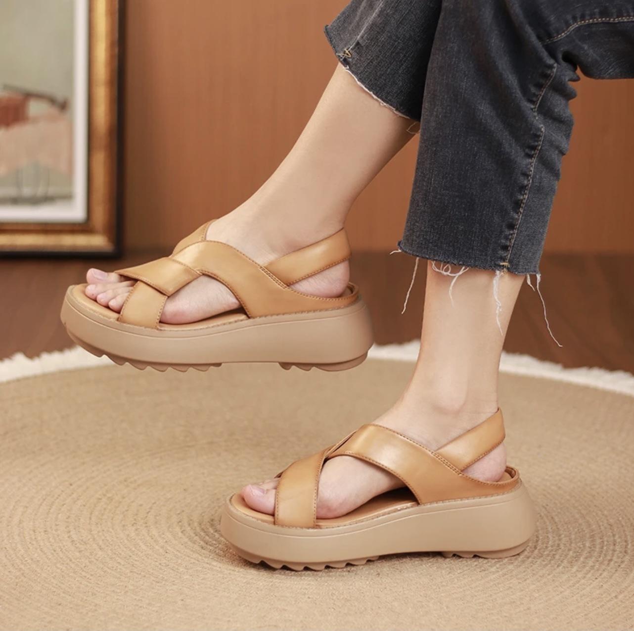 

Летние новые сандалии с рыбьим ртом женские туфли на платформе для мам удобные плоские ретро повседневные крест римские 38 жёлтый