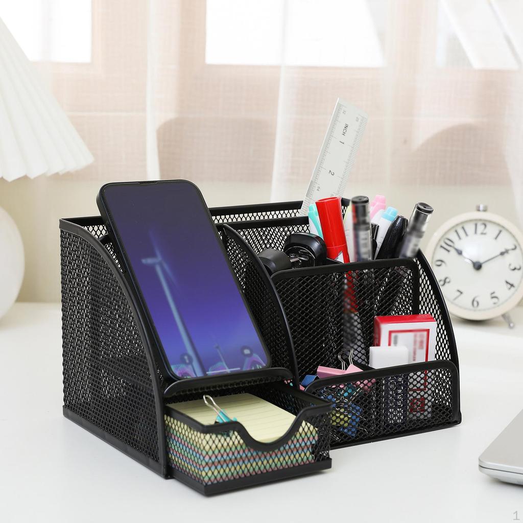 Mesh Pen Holder Multipurpose Sturdy 6 Compartments for Office Classroom Pens black