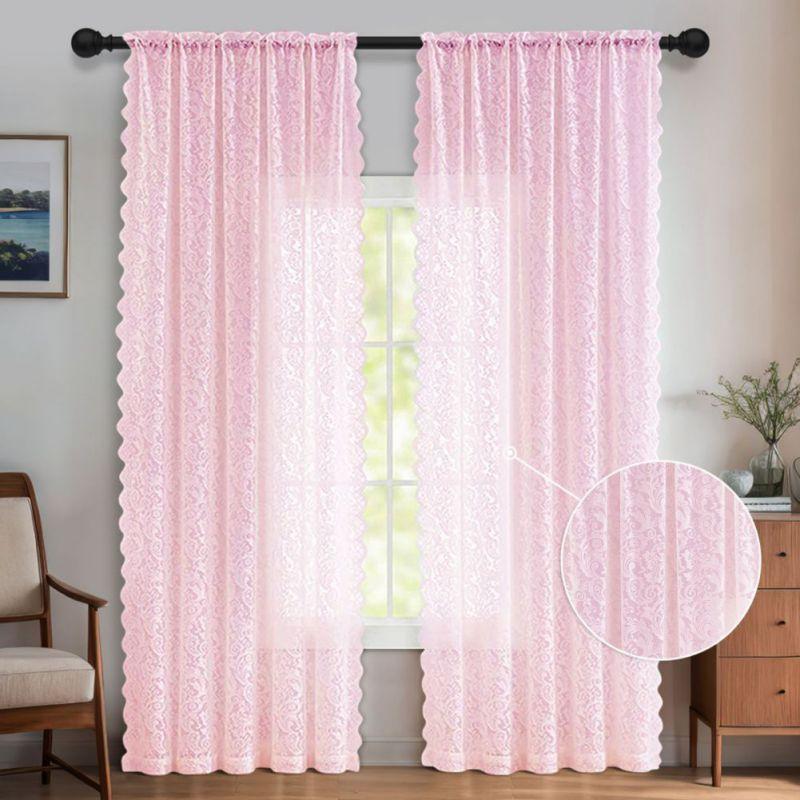2pcs Semi-sheer Lace Curtains Rod-pocket Gauze Curtain