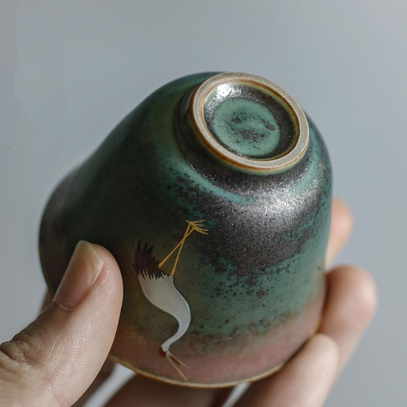 Deyutang Japanese Color Changing Ceramic Crane Tea Cup Set with Gift Bag