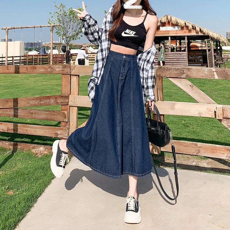 

Women s Long Mid-Length Denim Skirt - 2023 Spring/Summer Collection: Pleated High Waist A-Line Umbrella Skirt L темно-синього кольору