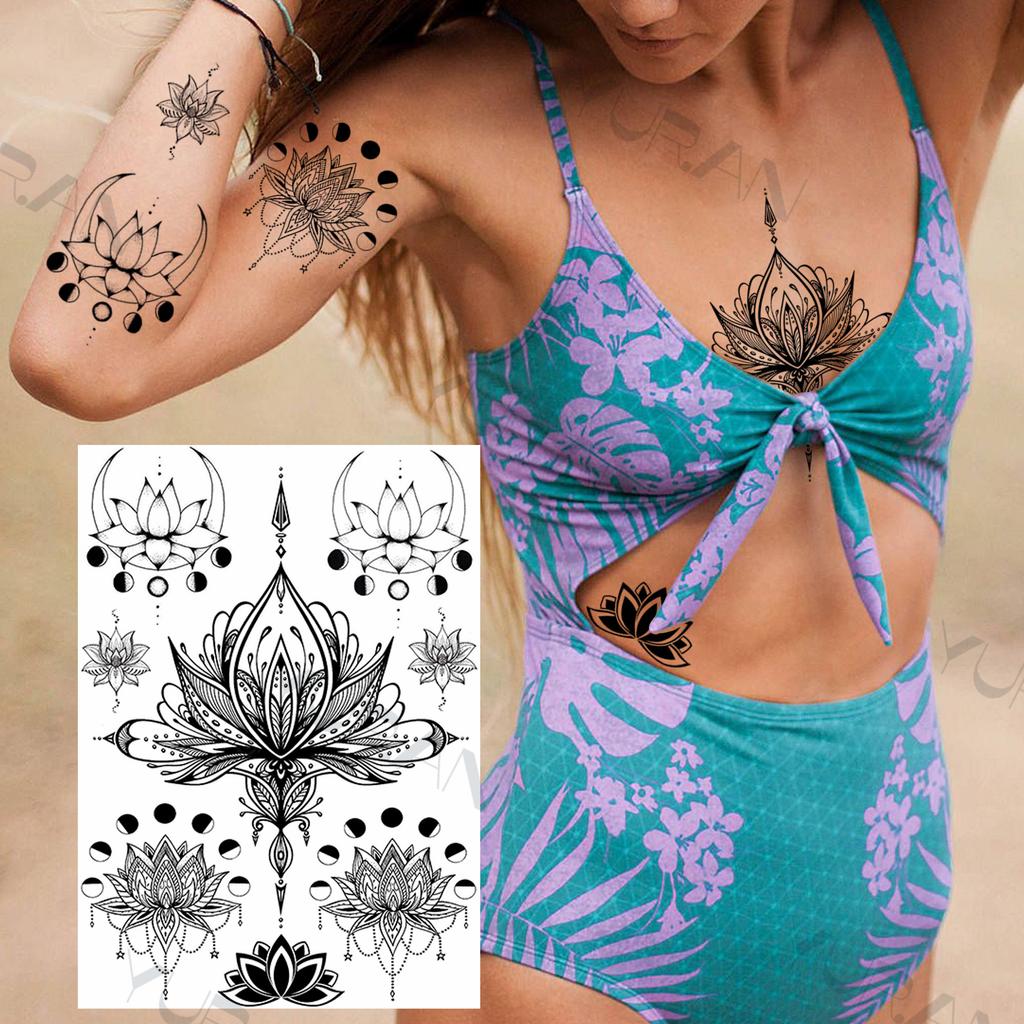 YURAN Women Girl Big Arm Owl Fake Tattoo Temporary Henna India Tatoo Stickers Custom Mandala Flower Black Turtle Tattoos Lace