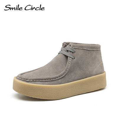 Cow Suede Chunky Women Shoes Round Toe Lace Up Thick Bottom Shoes Comfortable Casual Women Flat Shoes