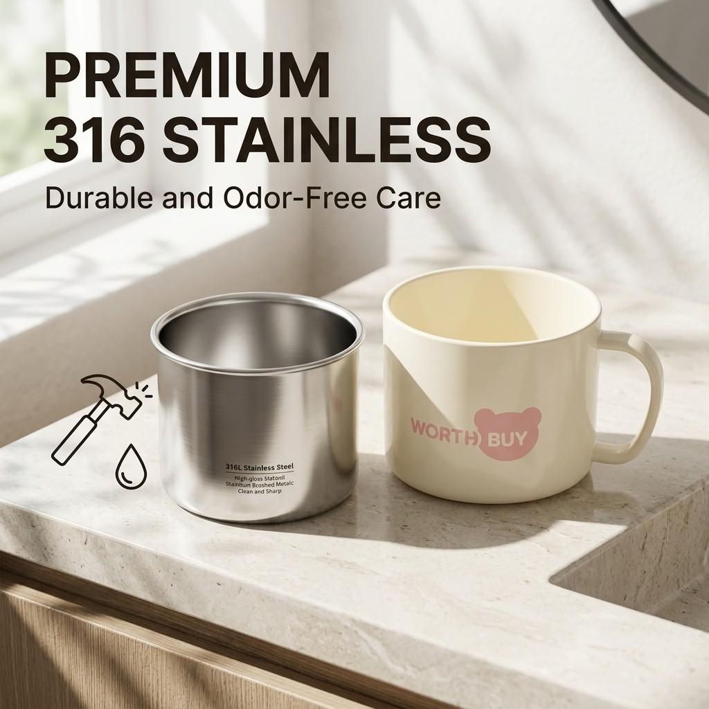 Cute Toothbrush Cup Bathroom Tumbler 316 Stainless Steel Mouthwash Mug Anti-Scald Handle Portable Detachable Home Accessories