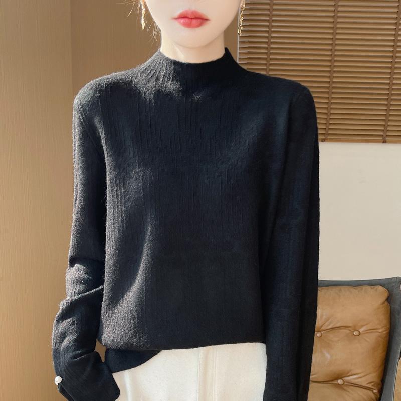 

Новый весенне-осенний стиль модного и молодежного свитера с полувысоким воротом для женщин, свободный и толстый вязаный свитер, стильный и теплый 2XL чёрный