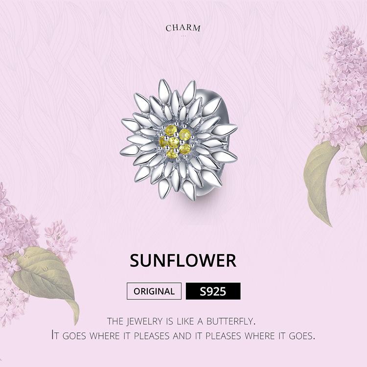 Bamoer 925 Sterling Silver Shine Zircon Bloom Sunflower Charm Beads Fit 3mm Bracelets